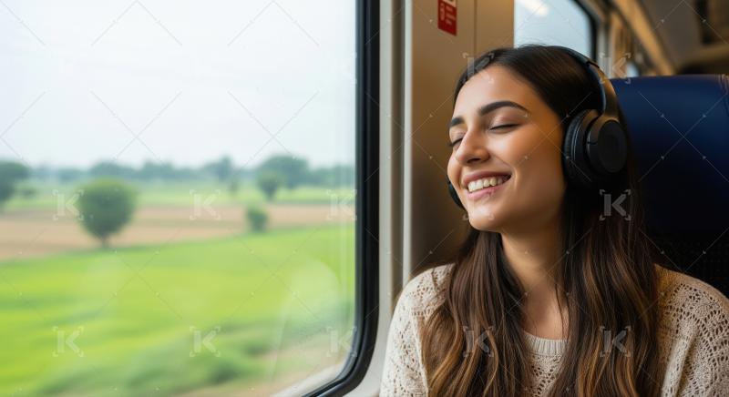 Young Woman Enjoys Music on Train Journey with Scenic View