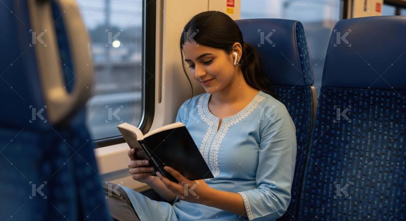 Young Woman Reads "The Midnight Library" on a Train Journey