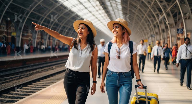 Joyful women travelers exploring a bustling train station platfo