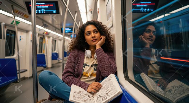 Thoughtful Woman Sketching on a Subway Journey