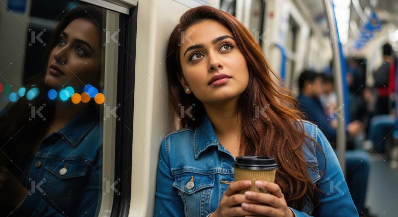 Pensive Woman on Subway Journey with Coffee Cup