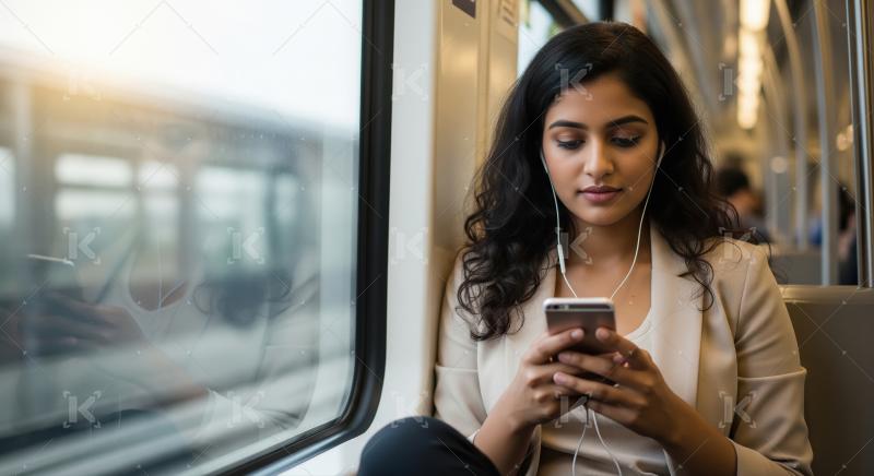 Young Woman Commuting on Train, Engrossed in Smartphone