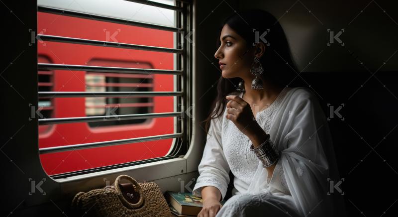 Indian Woman Looks Out Train Window During Journey