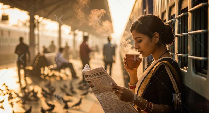 Indian Woman Reading Newspaper and Sipping Chai at Train Station