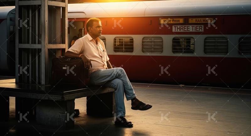 Man waits at Indian train station during golden hour