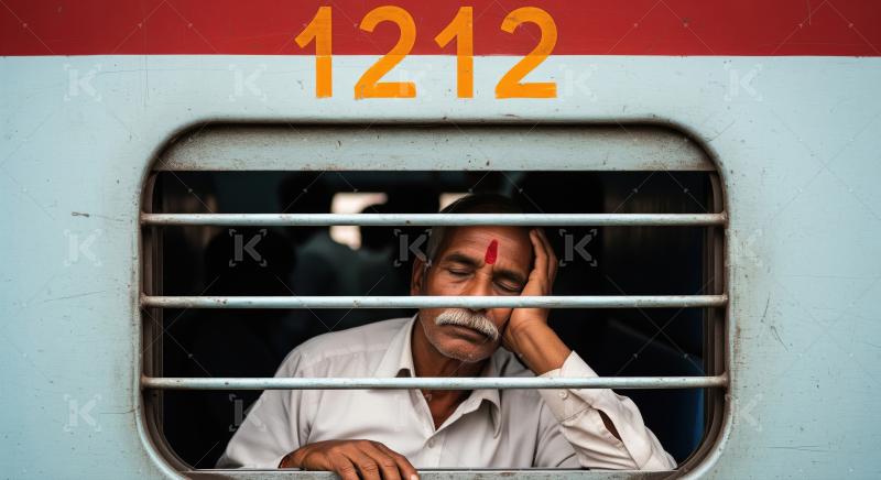 Indian Man Napping on a Train Journey, India