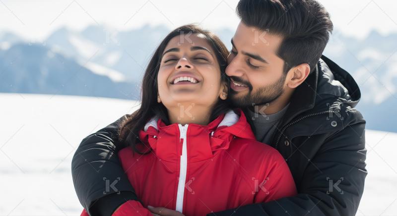 Happy Couple Embracing in Snowy Mountains