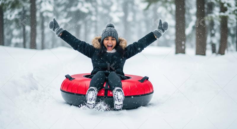 Joyful Woman Snow Tubing in a Snowy Winter Wonderland