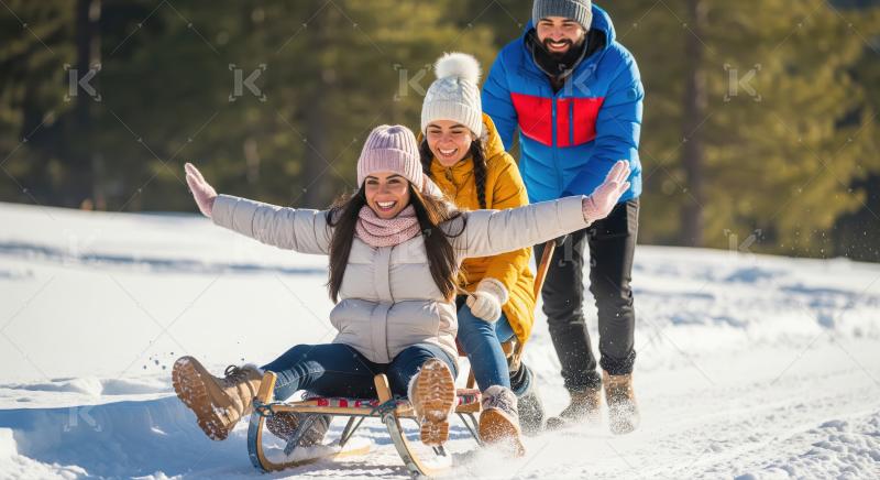 Friends Enjoying Sledding Fun in Winter Wonderland