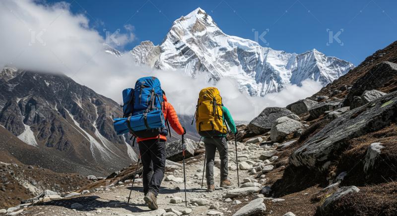 Trekkers on Mountain Path Towards Majestic Snow-Capped Peak