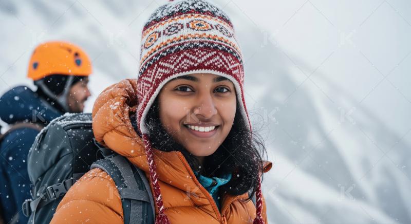 Smiling woman in snowy mountains, enjoying winter adventure