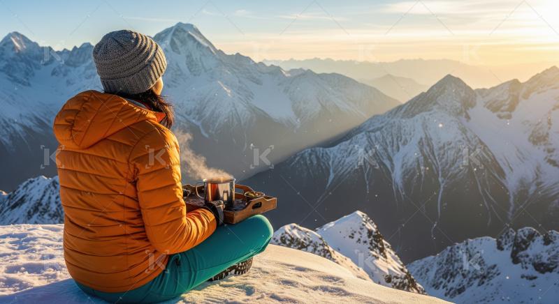 Woman Enjoys Hot Drink on Snowy Mountain Peak at Sunrise