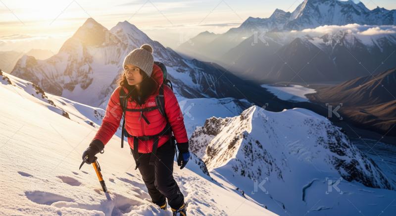 Adventurous woman climbing a vast snow-capped mountain range.