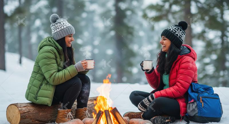 Friends enjoying hot drinks by campfire in winter forest