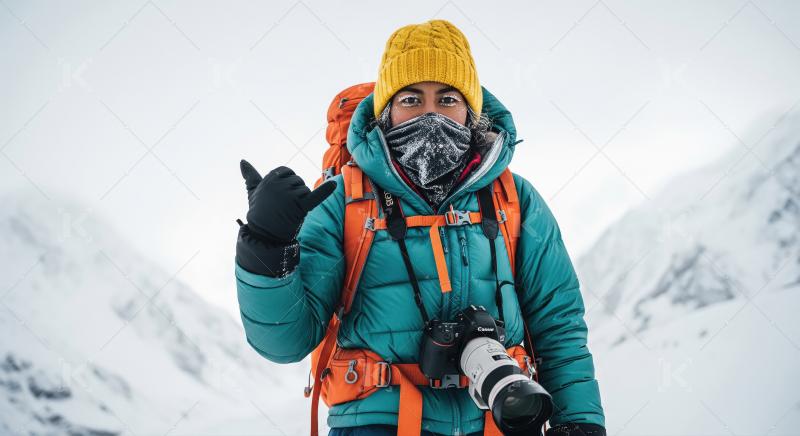 Woman Photographer in Snowy Mountains with Camera and Backpack