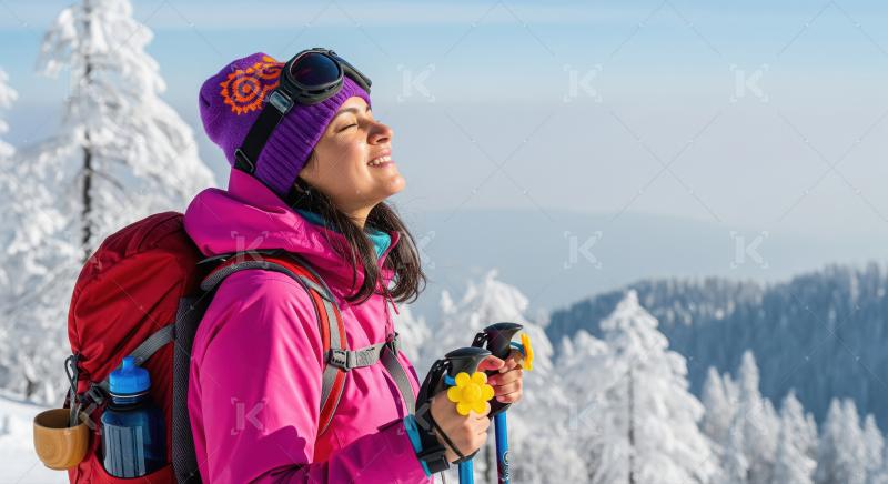 Happy Woman Hiker Enjoying Winter Sun on Snowy Mountain