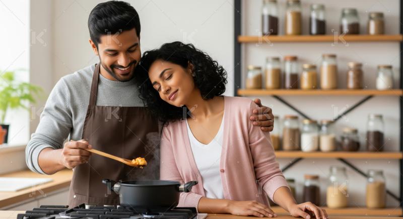 Loving Indian couple cooks together, sharing a sweet moment.