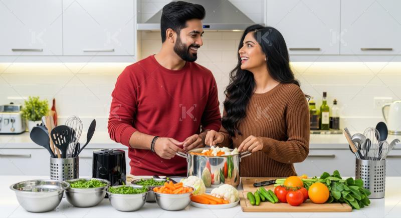 Young Indian couple happily cooking healthy food together in kitchen.