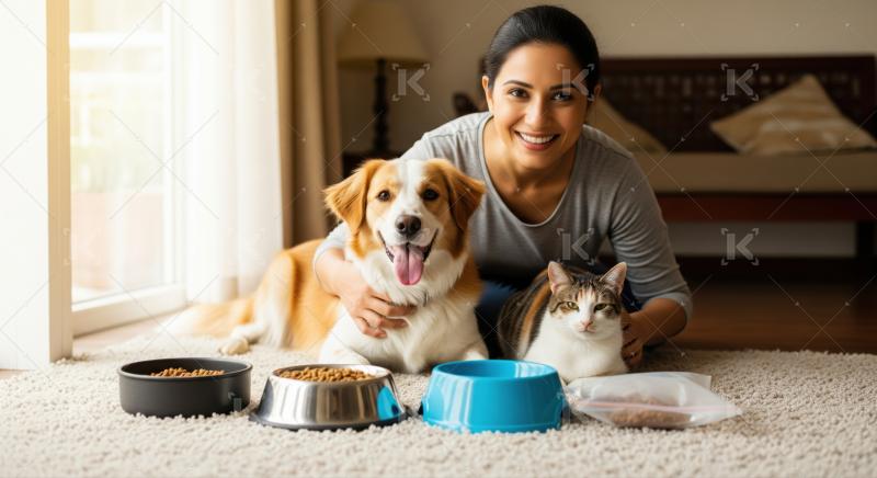 Smiling woman, loyal dog, cozy cat, pet food bowls.