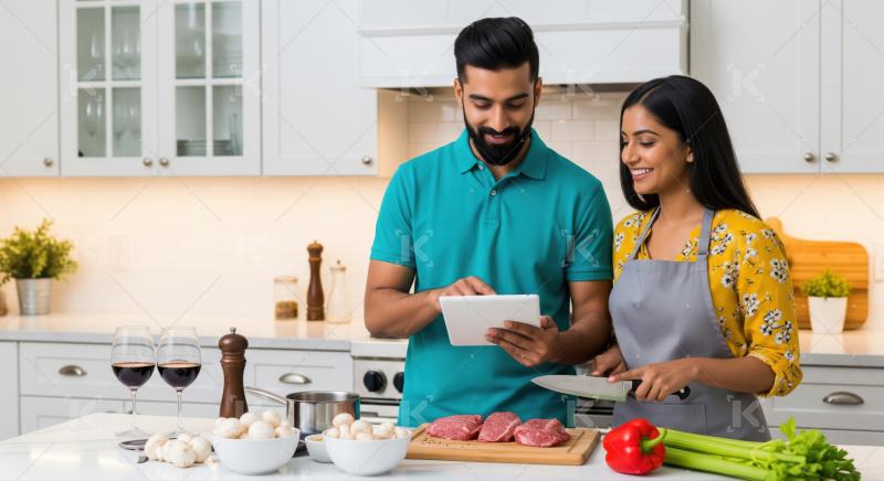 Happy couple cooks dinner, following a digital recipe on tablet.