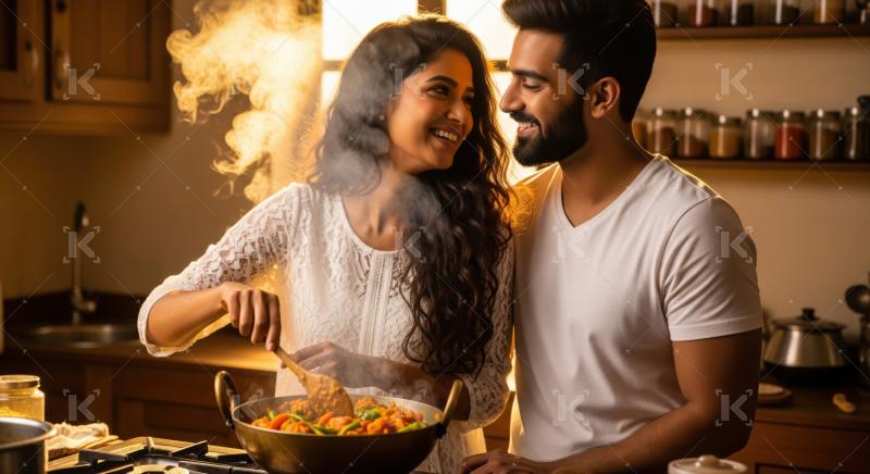 Joyful Indian couple prepares a delicious meal, sharing laughter and love.