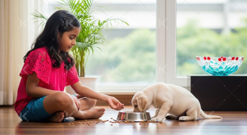 Adorable girl feeding her new puppy inside a bright home.