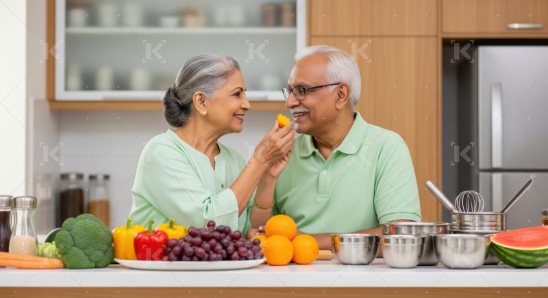 Elderly Indian couple happily enjoying healthy food in their kitchen.
