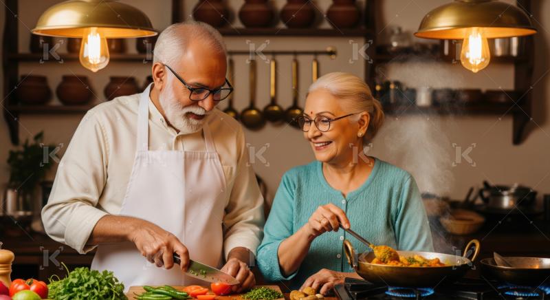 Elderly Indian couple joyfully prepares delicious traditional food in their kitchen.