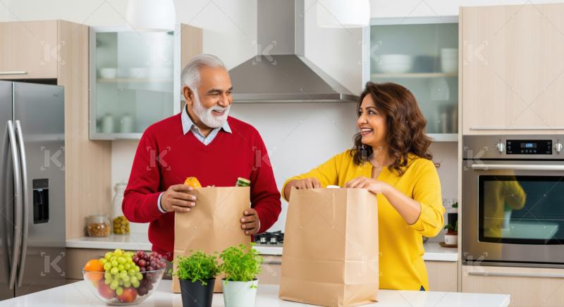 A happy couple unpacking fresh groceries in their modern kitchen.