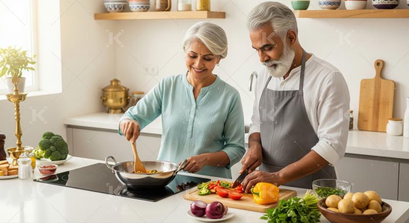 Elderly man and woman joyfully prepare fresh, wholesome food at home.