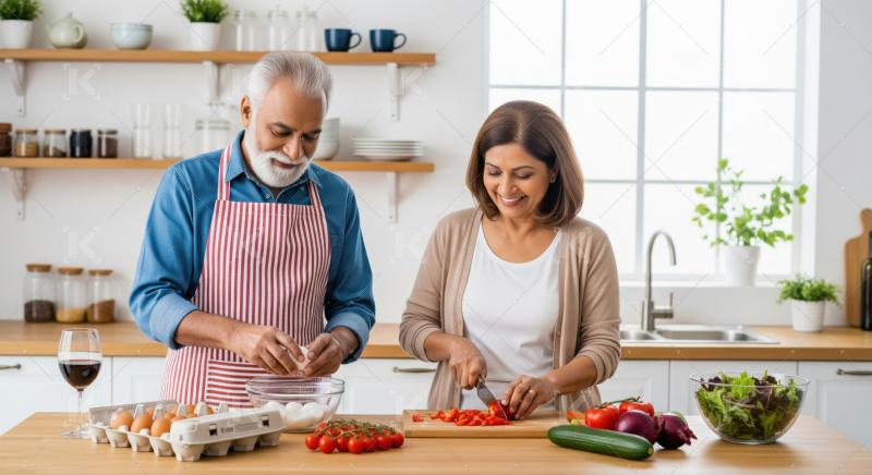 Senior Indian couple joyfully preparing a healthy meal at home.