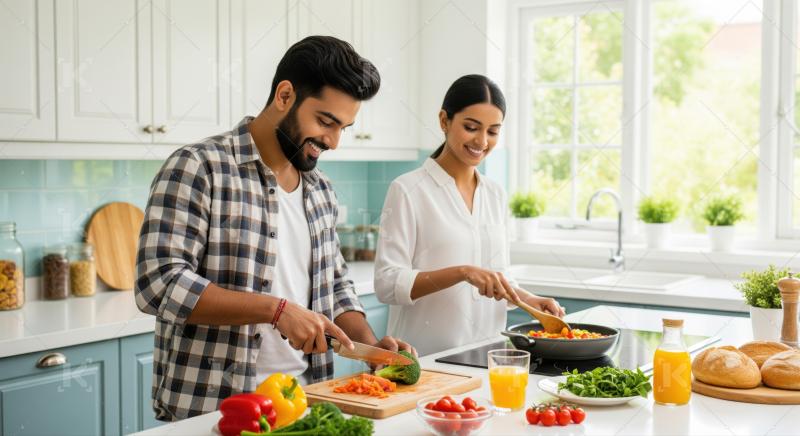 Joyful couple preparing fresh, healthy food for a delicious meal.