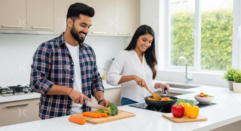 Young happy Indian couple cooks healthy meal in modern kitchen.