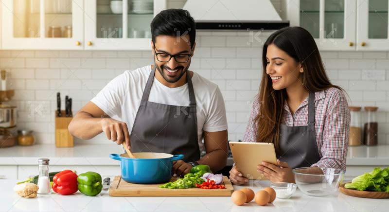 Joyful couple preparing a delicious, healthy meal using a tablet.