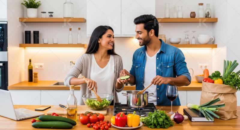 Happy Indian couple enjoys cooking healthy dinner in their modern kitchen.
