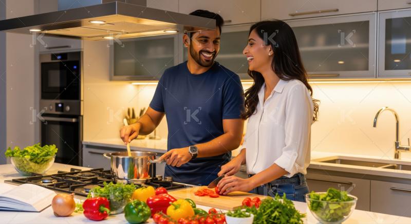 Joyful couple cooks fresh healthy food, sharing happy moments.