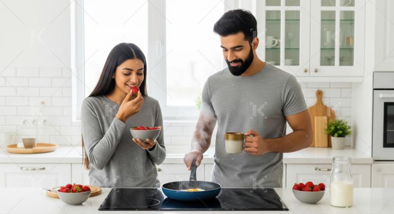 A happy young couple preparing a healthy breakfast together at home.