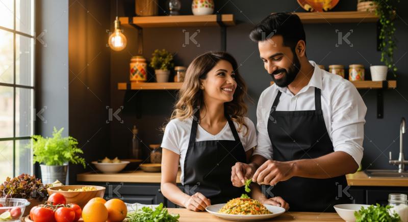 Smiling couple garnishes healthy food, enjoying their cooking moment.