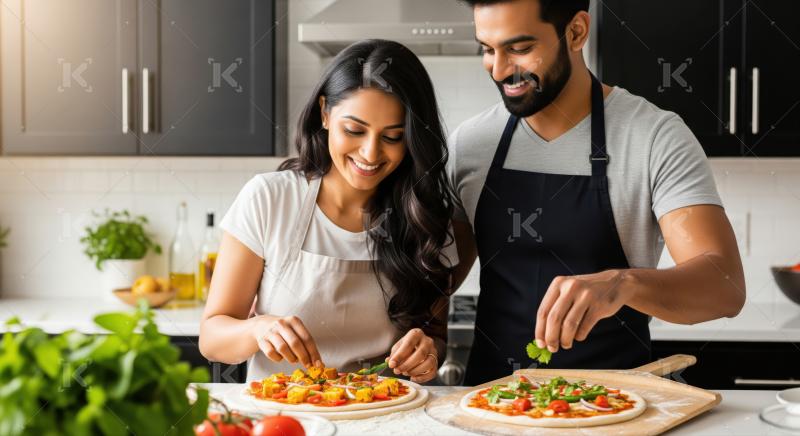 Joyful couple making delicious, healthy homemade pizzas with fresh ingredients.