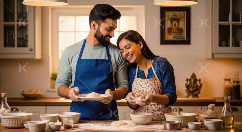 Young Indian couple happily prepares dough for a meal.