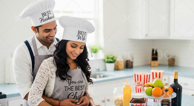 Loving Indian couple, wearing chef hats, happily cooking in kitchen.