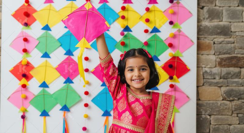 A joyful Indian girl celebrates a vibrant kite festival happily.