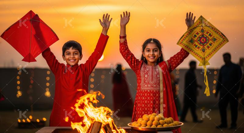 Happy Indian children celebrate festival with kites, bonfire, and sweets.