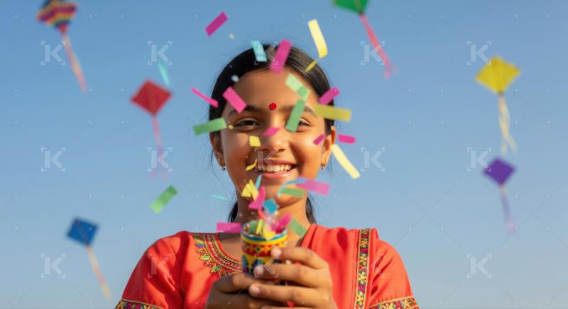 Happy girl enjoys festive celebration with confetti and flying kites.