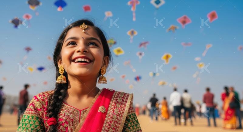 Happy girl enjoys festive celebration with confetti and flying kites.