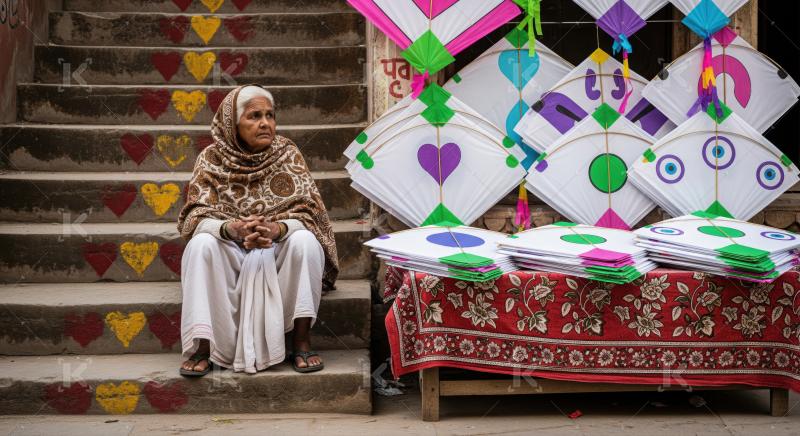 Cultural scene: elderly woman, colorful kites, heart-painted steps, India.