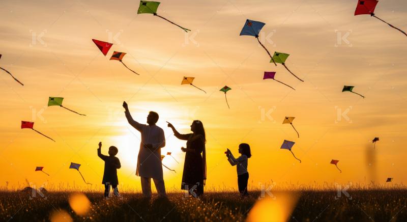 Family enjoys flying colorful kites against a beautiful sunset sky.