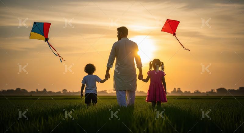 Joyful family moment, flying kites under golden sunset together.