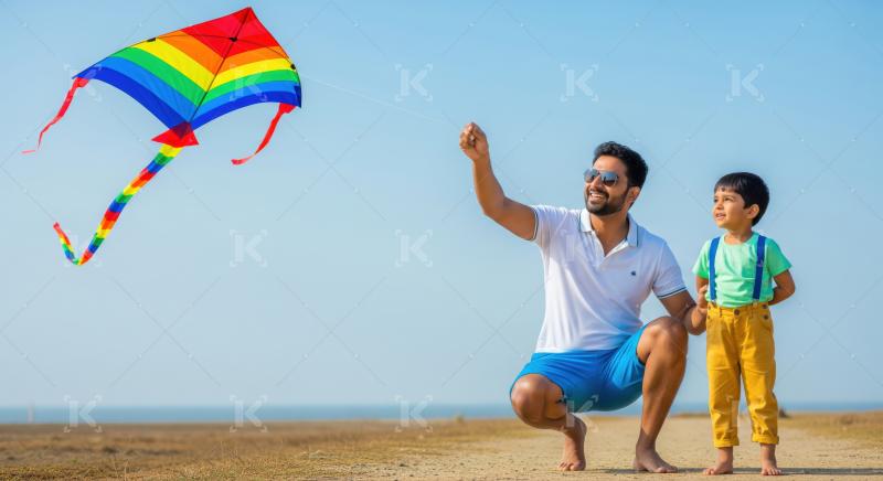 Father and son enjoy flying a vibrant kite outdoors together.
