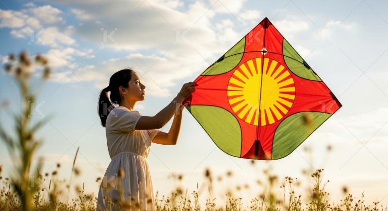 Young woman holding vibrant kite amidst a beautiful golden hour field.